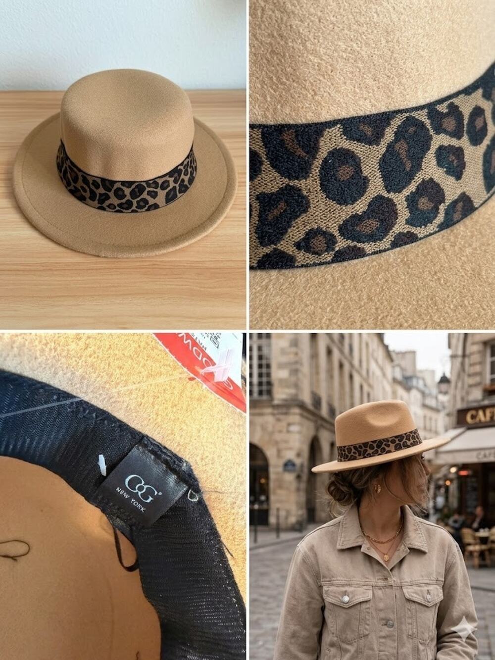 Classic Tan Felt Boater Hat with Leopard Print Band (Vegan)